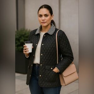 🤍🌷💎Cynthia Rowley Black Quilted Jacket with Houndstooth Collar100% polyester